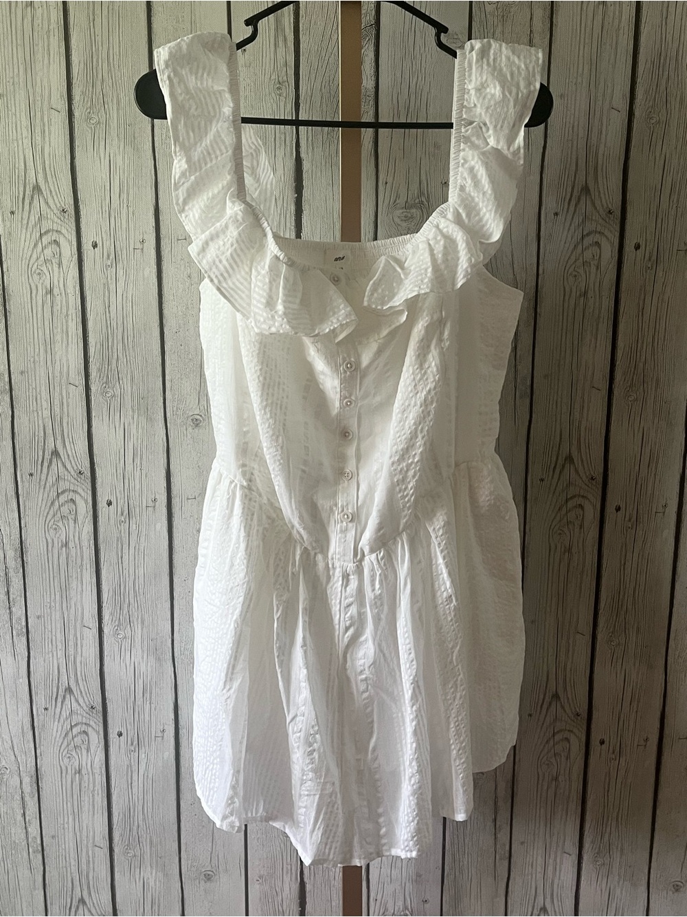 NWT Aerie White Seersucker Button Romper Size L Ruffle Coastal Cottagecore Boho